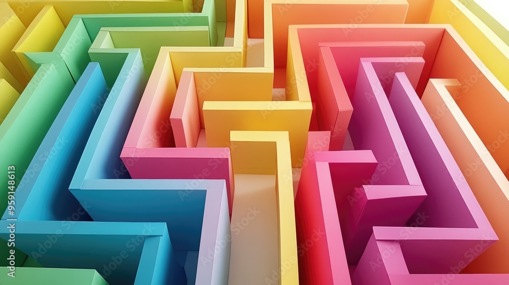 Poster 3d maze created with abstract folded paper in vibrant colors, set against a white background, creati