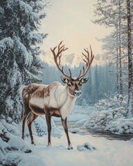 Oil painting depicting a stunning reindeer in a snowy winter scene showcasing the beauty of wildlife and serene winter landscapes