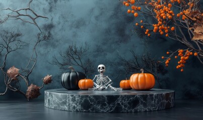 Halloween scene with a skeleton, pumpkins and a black marble podium against a dark blue grunge background.