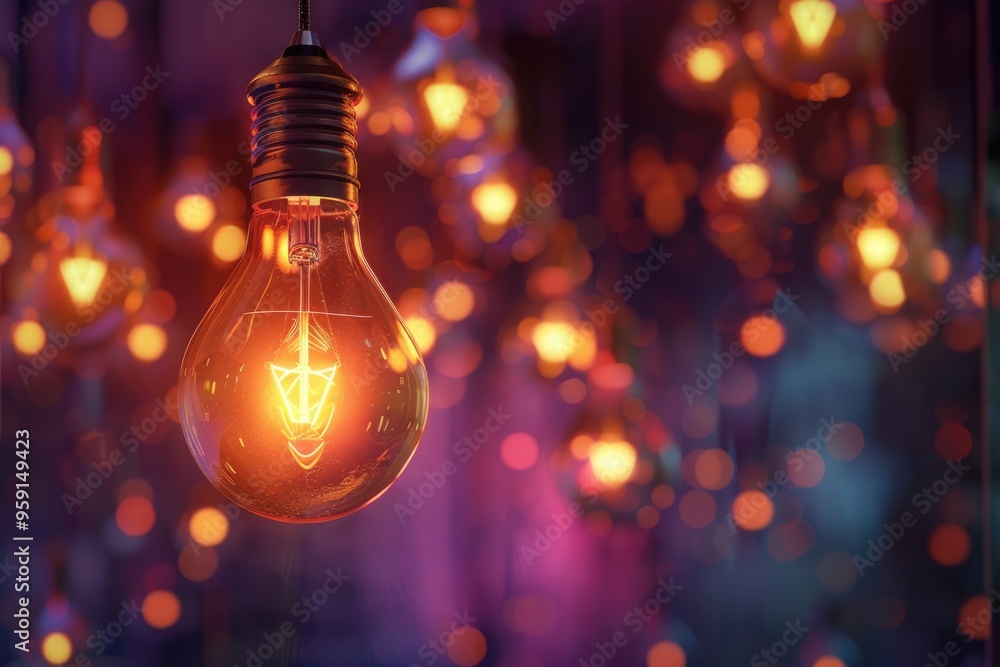 Poster A close-up view of a single light bulb hanging from a string, suitable for use in designs related to lighting or electrical themes