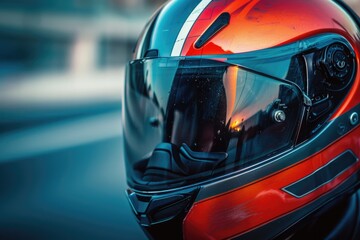 Fototapeta premium A close-up view of a motorcycle helmet, ideal for use in action or adventure photography