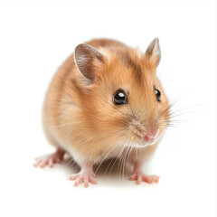 Young hamster sitting on hind legs, isolated on a white backdrop.