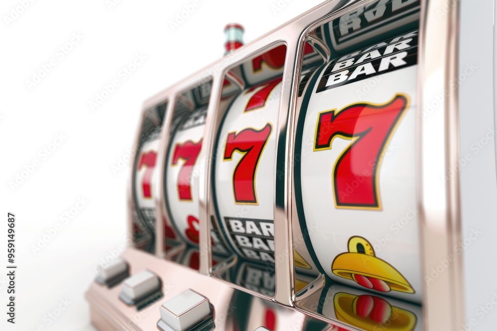 Poster a close-up shot of a slot machine's reels and buttons on a white surface