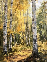 Obraz premium Oil painting depicting a birch forest illuminated by morning sunlight showcasing the beauty of nature in a serene setting
