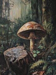 Fototapeta premium Oil painting depicting a decaying mushroom among forest foliage
