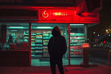 In the night, a hooded figure lurks in the shadows before a bright convenience store, creating suspense and intrigue in this atmospheric urban setting filled with danger and drama