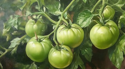 Oil painting of green tomatoes on the vine flourishing in a garden during the autumn season