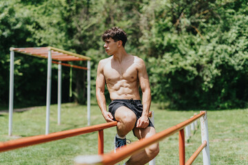 Muscular man exercising outdoors at a park gym, showcasing fitness, health, and strength in a natural environment.