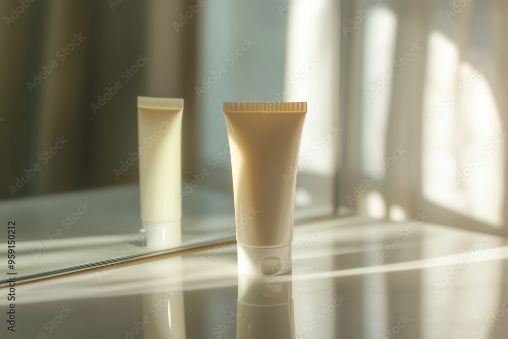 Poster a tube of cream sits upright on a light surface with its reflection visible in a mirror, illuminated
