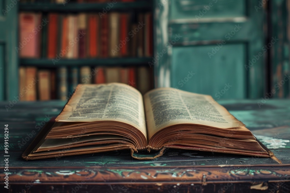 Poster an open book sits on a wooden table, awaiting reader's attention