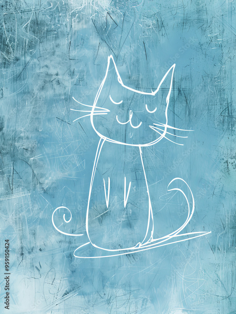 Poster a simple white line drawing of a cat on a light blue textured background, with subtle grain effects.