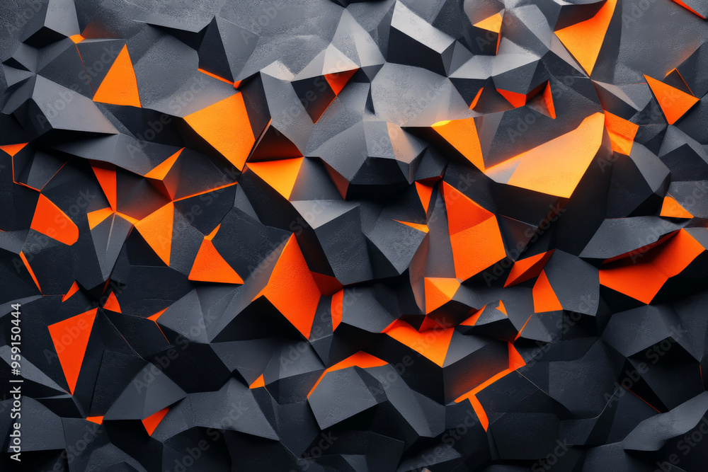 Poster a 3d abstract background featuring sharp, angular shapes in contrasting colors of dark grey and vibr