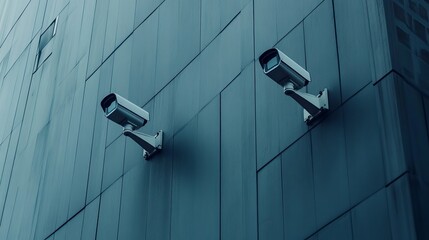 Two CCTV cameras on the facade of a gray modern business building. Street security system or big brother