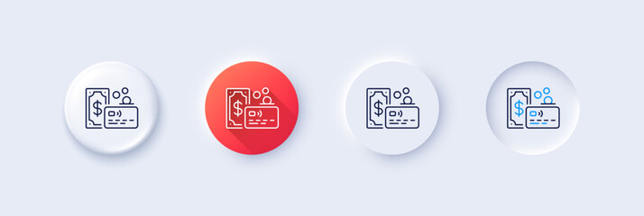 Credit card line icon. Neumorphic, Red gradient, 3d pin buttons. Bank money payment sign. Non-cash coin pay symbol. Line icons. Neumorphic buttons with outline signs. Vector