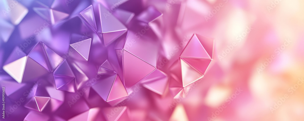 Poster a 3d abstract business background with floating, translucent polygons in gradient shades of pink and