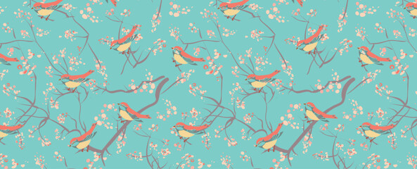 Japanese sakura bloom and cute little birds. Cherry blossom and birds seamless pattern. Elegant vector floral texture. Abstract ornament with pink cherry flowers, grey twigs on blue background. 