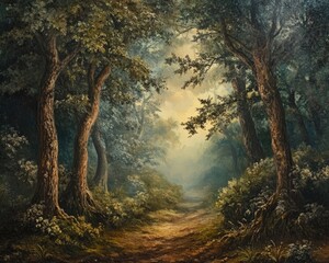 Fototapeta premium Stunning oil painting showcasing a mesmerizing forest landscape