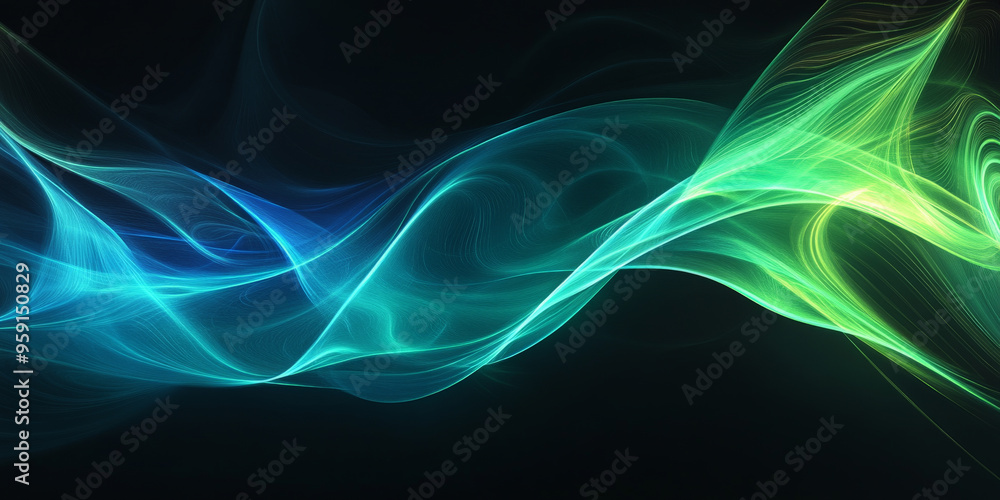 Poster a modern background with fluid, neon green and blue light lines flowing smoothly across a dark canva