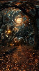 Naklejka premium A swirling galaxy of stars above a path through an autumn forest.