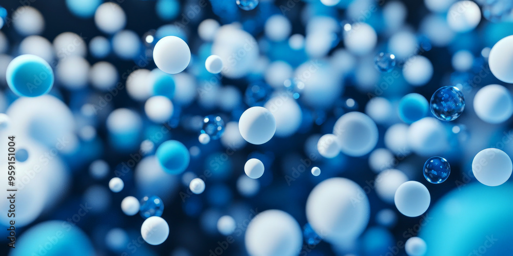 Poster a 3d abstract business background with floating, dynamic spheres in shades of blue and white. the sp