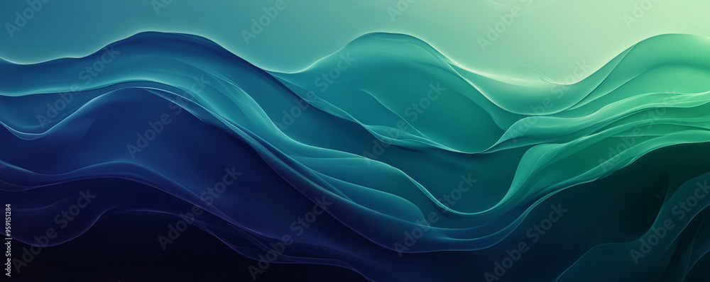 Poster a dynamic business background featuring abstract wave patterns in a gradient of deep blues and green