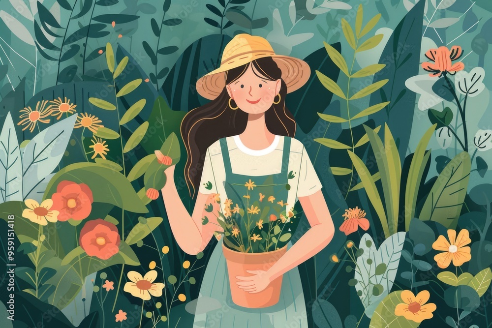 Poster a woman holds a pot of flowers in a serene garden setting, perfect for use as a still life image or 