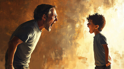 Father and his son engage in a heated dispute, shouting at each other