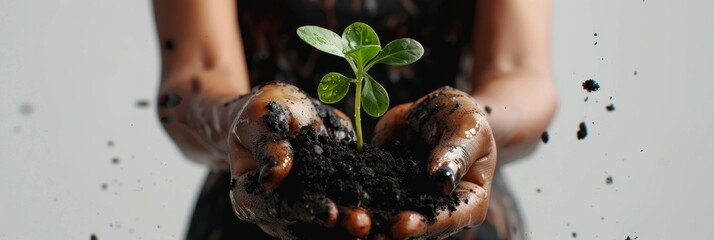 Plant in hands, young sprout, new plant growing in soil, organic farming, environment care, earth day