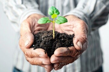 Plant in hands, young sprout, new plant growing in soil, organic farming, environment care, earth day