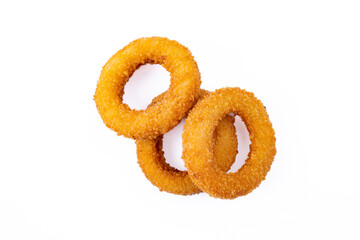 Fried onion rings with mozzarella or plain. Delicious onion rings on white background