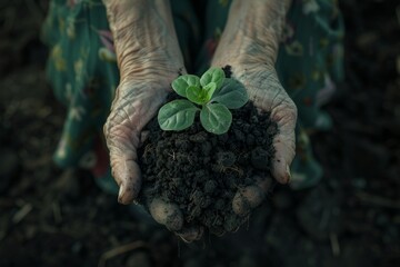 Plant in hands, young sprout, new plant growing in soil, organic farming, environment care, earth day