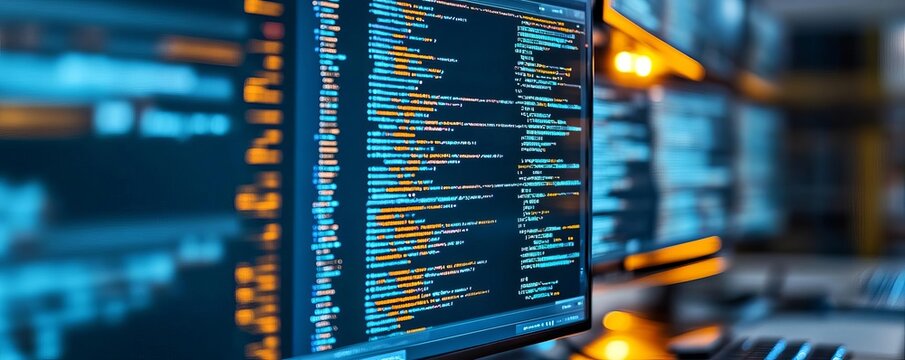 Developer coding with frameworks, digital performance displays, advanced setup