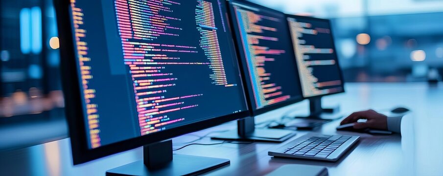 Developer coding with frameworks, digital performance displays, advanced setup