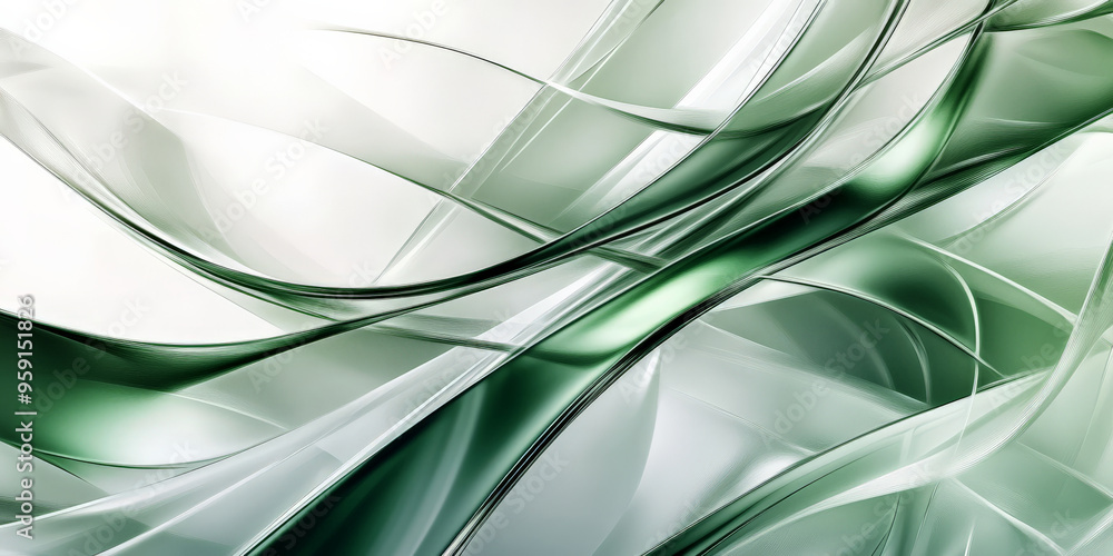 Poster a high-tech abstract background with layered, translucent panels in gradient shades of green and sil