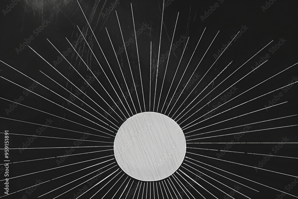 Poster a simple white line drawing on a black background of the sun with rays extending outward. the design