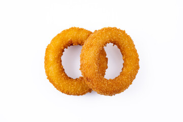 Fried onion rings with mozzarella or plain. Delicious onion rings on white background