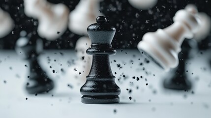 This image features a central black chess piece with other chess pieces in the background, giving a...