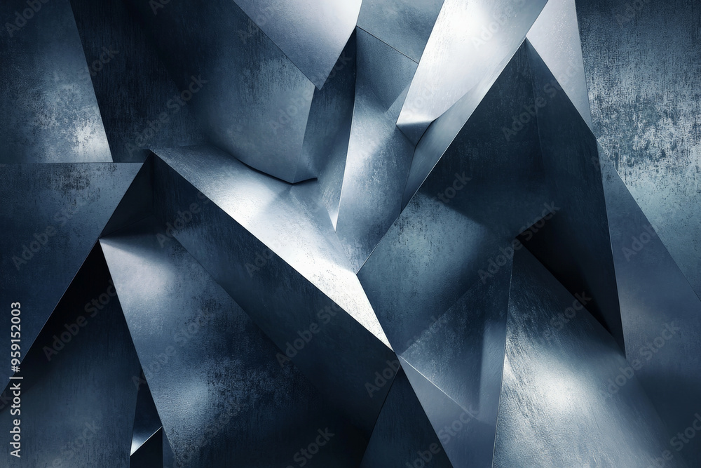 Poster a modern abstract design with a futuristic feel, featuring sharp, angular shapes and a metallic colo