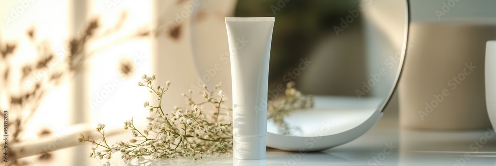 Poster a tube of cream is positioned on a table, reflecting in a mirror, accompanied by gentle flowers in t