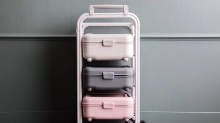 This image shows three containers in pastel colors, neatly organized on a metal cart, placed indoors with a soft lighting and modern design elements including a wooden background.