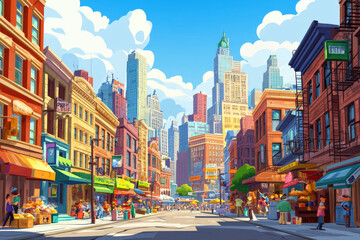 Fototapeta premium A lively cartoon cityscape with colorful buildings, bustling streets, and a bright, clear sky overhead. The scene is full of energy, with people going about their day, street vendors selling their