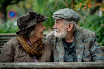 Fototapeta premium Affectionate elderly couple on a park bench, enjoying each other's company amid vibrant greenery