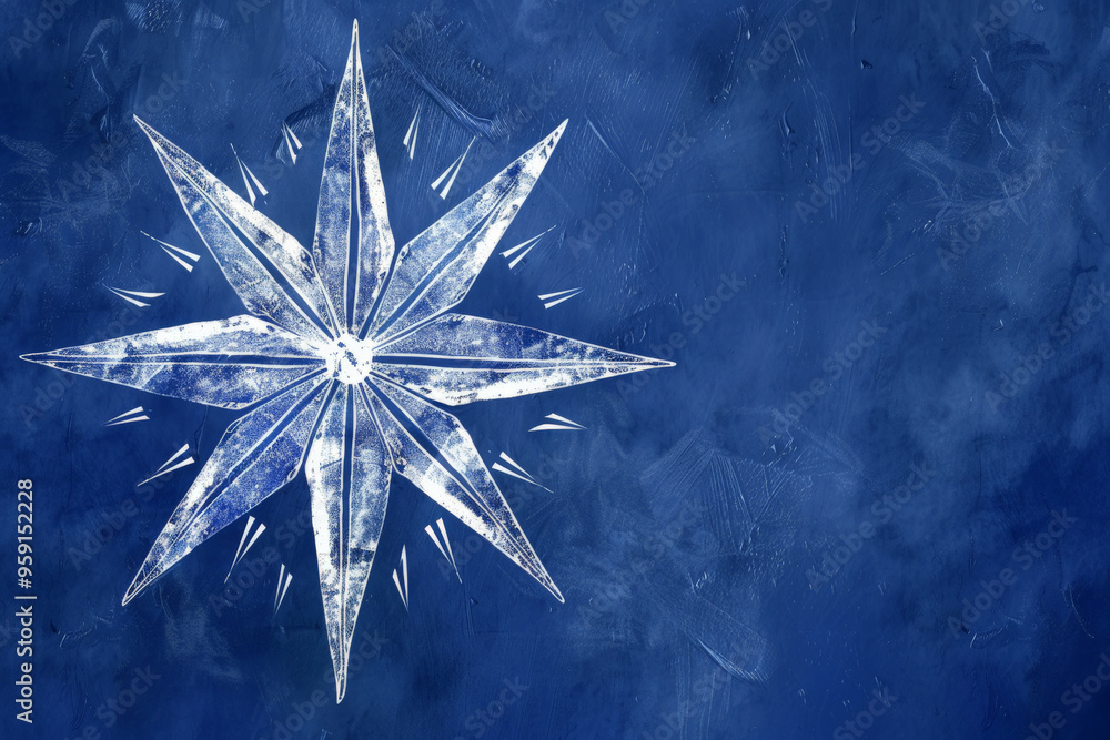 Poster a simple white line drawing on a royal blue background of a star with sharp points. the deep color e