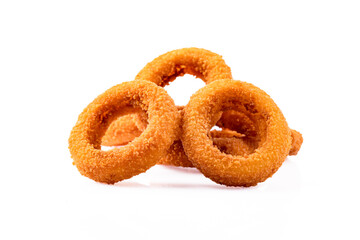 Fried onion rings with mozzarella or plain. Delicious onion rings on white background