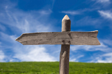 Wooden blank sign post pointing left with blurred sky and meadow in background.