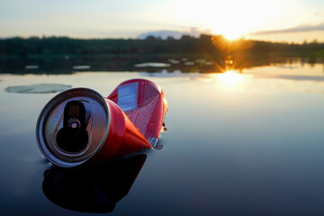 Beer can waste in lake. Empty metal soda can garbage, food waste in ocean. Aquatic trash, Marine...