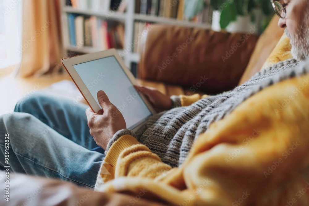 Poster a person sitting on a couch using a tablet computer, great for illustrations of modern life or digit
