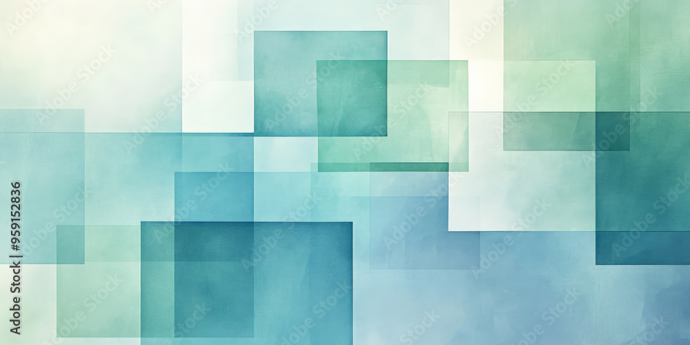 Poster a serene background with light color blocks in shades of soft blue and green. the design features ge