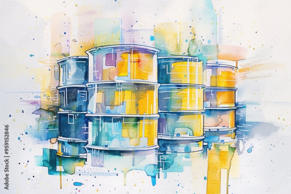 Poster a watercolor painting of a modern building with numerous windows, perfect for use in illustrations o