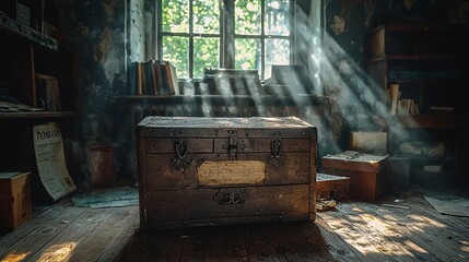 An antique wooden chest with metal binding, covered in layers of dust and cobwebs, located in the dark, abandoned attic of an old Victorian house.